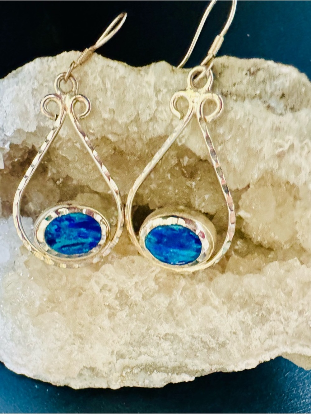 Vintage Silver Hammered Artisan Teardrop Earrings with Mystic Blue Opals